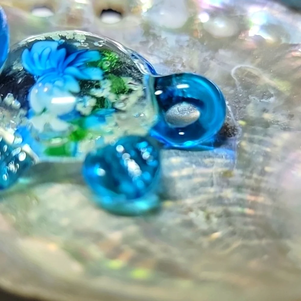 NEW Handcrafted Blown Art Glass Turtle Charm Pendant Floral with Luminous Specks